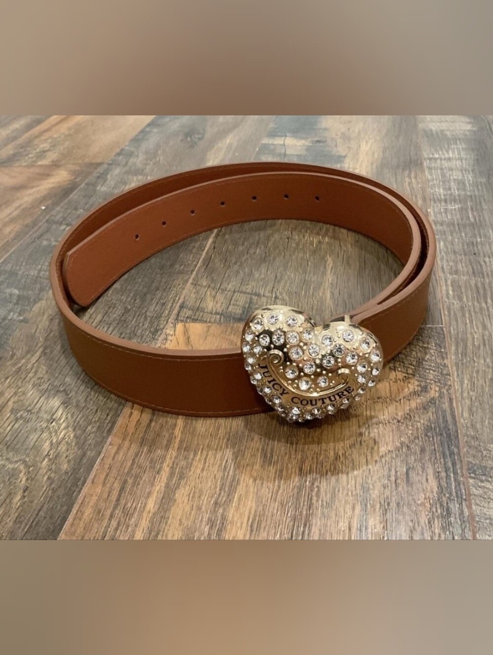 Juicy Couture Designer Brown Belt Gold Crystal Rhinestone Heart Buckle Large / X